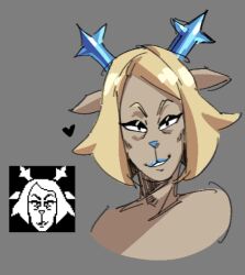  1girl animal_ears antlers blonde_hair blue_lips carol_holiday commentary cropped_shoulders deer_antlers deer_ears deer_girl deltarune english_commentary furry furry_female grey_background grin horns lowered_eyelids mature_female rekhaus short_hair smile utdr_(toby_fox) wrinkled_skin 