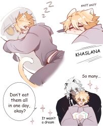  1boy 1other :< =_= absurdres alternate_costume animal_ears black_shirt blonde_hair braid cat_ears cat_tail closed_eyes closed_mouth commentary dakimakura_(object) dark_skin eliice131 english_text fang feet_out_of_frame food from_side hair_between_eyes hair_ornament hair_tubes hands_up highres holding holding_food honkai:_star_rail honkai_(series) hood hoodie kemonomimi_mode long_hair long_hair_between_eyes long_sleeves looking_at_object looking_down low-braided_long_hair low-tied_long_hair lying male_focus multiple_braids multiple_views nanook_(honkai:_star_rail) on_bed on_stomach open_mouth orange_eyes other_focus other_with_male pants phainon_(honkai:_star_rail) phainon_(khaslana)_(honkai:_star_rail) pillow puffy_long_sleeves puffy_sleeves purple_hoodie purple_pants shirt short_hair simple_background skin_fang sleeping sparkle speech_bubble tail teeth untranslatable_commentary upper_body v-shaped_eyebrows very_long_hair white_background white_hair 