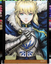  1girl 2023 armor art_tools_in_frame artoria_pendragon_(fate) blonde_hair blue_cape blue_eyes breastplate cape clenched_hand closed_mouth commentary english_commentary fate_(series) fur-trimmed_cape fur_trim gauntlets highres looking_at_viewer marker_(medium) medium_hair photo_(medium) saber_(fate) signature solo stanley_lau straight-on traditional_media upper_body 