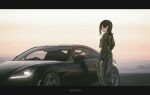  1girl absurdres artist_name black_hair bokuya car glasses ground_vehicle highres letterboxed long_sleeves medium_hair midriff motor_vehicle original solo sports_car toyota toyota_86 watermark 