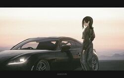  1girl absurdres artist_name black_hair bokuya car glasses ground_vehicle highres letterboxed long_sleeves medium_hair midriff motor_vehicle original solo sports_car toyota toyota_86 watermark 