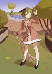  1girl animal_ears arm_up black_shoes blue_sky broom dog_ears dress full_body grass green_eyes green_hair highres holding holding_broom kasodani_kyouko long_sleeves open_mouth outdoors pink_dress pond shoes short_hair sky smile socks solo standing thursyue touhou tree white_socks 