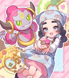  1girl :d ansha_(pokemon) apron black_shoes blue_apron blue_eyes blush commentary_request doughnut eyelashes food hanao_nana happy hoopa hoopa_(confined) long_hair long_sleeves open_mouth pink_skirt pink_socks pokemon pokemon_(creature) pokemon_legends:_z-a shirt shoes skirt smile socks watermark white_shirt 