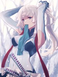  1girl aopix_001 armpit_cutout black_bodysuit blue_eyes bodysuit braid braided_hair_rings breasts cleavage_cutout clothing_cutout commentary_request covered_navel fate/grand_order fate/samurai_remnant fate_(series) hair_ribbon hair_rings hair_tie_in_mouth highres japanese_clothes katana long_hair looking_at_viewer medium_breasts mouth_hold multicolored_bodysuit ponytail ribbon sheath sidelocks solo sword thigh_cutout twin_braids two-tone_bodysuit tying_hair weapon white_bodysuit white_hair yui_shousetsu_(fate) yui_shousetsu_(first_ascension)_(fate) 