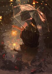  1girl absurdres bare_arms black_dress black_hair bob_cut commentary_request dress facing_away fireworks fish from_behind full_body gemi highres holding holding_fireworks holding_umbrella medium_hair original outdoors rain ripples senkou_hanabi shallow_water sleeveless sleeveless_dress solo sparkler squatting transparent transparent_umbrella umbrella water 