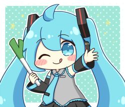  1girl :q ;q ahoge blue_eyes blue_hair blue_necktie blush_stickers border chibi chibi_only closed_mouth commentary_request detached_sleeves double-parted_bangs food green_background hair_between_eyes hatsune_miku holding holding_food holding_spring_onion holding_vegetable long_hair necktie nukotun one_eye_closed outline outside_border outstretched_arm polka_dot polka_dot_background smile solo spring_onion star_(symbol) tongue tongue_out twintails upper_body vegetable very_long_hair vocaloid white_border white_outline 