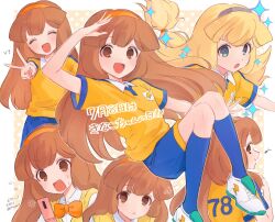  1girl blonde_hair blush brown_eyes brown_hair cellphone closed_eyes commentary_request fang hairband highres inazuma_eleven_(series) lightning_bolt_symbol long_hair multiple_views musical_note nanobana_kinako open_mouth orange_hairband phone raimon raimon_soccer_uniform school_uniform smile soccer_uniform socks sportswear tadaooooononon v 
