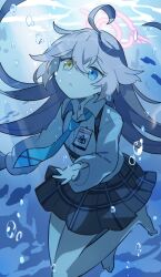  1girl ahoge air_bubble barefoot black_skirt blue_archive blue_eyes blue_necktie bubble collared_shirt commentary_request hair_between_eyes halo heterochromia highres hoshino_(blue_archive) kanyoko_(yuzukano_17) long_hair long_sleeves miniskirt necktie parted_lips pink_hair pink_halo pleated_skirt shirt skirt underwater white_shirt yellow_eyes 