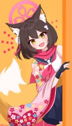  1girl :d absurdres animal_ear_fluff animal_ears black_gloves blue_archive blue_sailor_collar blue_skirt blush brown_hair commentary_request cowboy_shot double-parted_bangs fang fox_ears fox_girl fox_tail gloves hair_between_eyes hair_intakes halo highres izuna_(blue_archive) knom looking_at_viewer miniskirt open_mouth partially_fingerless_gloves pink_halo pleated_skirt sailor_collar shirt short_hair skin_fang skirt smile solo tail twitter_username white_shirt yellow_background yellow_eyes 