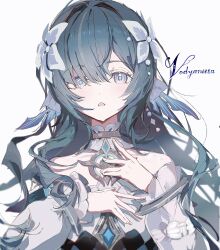  1girl absurdres bare_shoulders blue_pupils character_name commentary_request detached_sleeves dress fins flower genshin_impact green_hair hair_between_eyes hair_flower hair_ornament hands_on_own_chest hands_up head_fins highres long_hair looking_at_viewer open_mouth simple_background solo very_long_hair vodyanitsa_(genshin_impact) white_background yukumo_o 