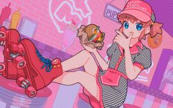 1girl blue_hair blush_stickers burger commentary_request food highres holding holding_burger holding_food humanization kanafumi_(spindle) ketchup_bottle kirby kirby_(series) looking_at_viewer mustard_bottle parfait roller_skates skates smile solo waitress 