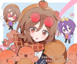  1boy 1girl :d animification artist_request beanie birthday black_sweater_vest brown_hair cardigan chibi chibi_inset chinese_commentary commentary_request commission crown dated english_text eyewear_on_head flower happy_birthday hat highres humanization lifesteal_smp looking_at_viewer minecraft_youtube octopus open_cardigan open_clothes open_mouth orange_cardigan orange_eyes orange_hat orange_scarf purple_hair purple_sweater red-tinted_eyewear red_flower round_eyewear scarf second-party_source shirt short_hair sleeves_past_fingers sleeves_past_wrists smile solo_focus squiddo sunglasses sweater sweater_vest tinted_eyewear upper_body variant_set wemmbu white_shirt 