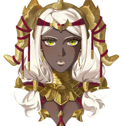  1girl absurdres armor blonde_hair closed_mouth clothing_cutout commentary commentary_request dark-skinned_female dark_skin earrings fake_horns fire_emblem fire_emblem:_fortune's_weave gauntlets gold_armor gold_earrings gold_necklace green_eyes hair_ornament headpiece highres hoop_earrings horns irithyll8157351 jewelry long_hair looking_at_viewer low-tied_long_hair necklace ornate_armor shade shoulder_armor simple_background solo theodora_(fire_emblem) upper_body very_dark_skin white_background white_lips 