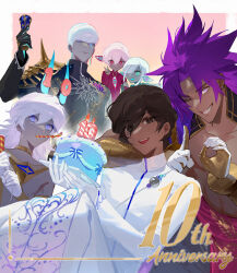  anniversary arjuna_(fate) arjuna_alter_(fate) armor bhima_(fate) black_eyes black_gloves black_hair blue_eyes boy_vajra_(fate) brothers brown_eyes cake colored_skin commentary_request daeraeband dark-skinned_male dark_skin earrings eating fate/grand_order fate_(series) food girl_vajra_(fate) gloves hair_between_eyes highres holding holding_food horns indra_(fate) jewelry long_hair looking_at_viewer male_focus multiple_boys open_mouth pointy_ears purple_hair short_hair siblings smile violet_eyes white_gloves white_hair 