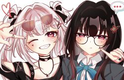  ... 2girls :t asymmetrical_bangs black_choker black_hair black_nails blue_bow blue_bowtie blush bow bowtie braid butterfly-shaped_pupils choker commentary_request createnseitai facial_mark grin hair_intakes hair_ornament hairclip heart heart_facial_mark highres honkai:_star_rail honkai_(series) jewelry long_hair looking_at_viewer multiple_girls necklace official_alternate_costume official_alternate_hairstyle one_eye_closed red_eyes ring sidelocks simple_background smile sparkle_(honkai:_star_rail) sparkle_(school_uniform)_(honkai:_star_rail) sparxie_(candy-coated_waves)_(honkai:_star_rail) sparxie_(honkai:_star_rail) speech_bubble symbol-shaped_pupils twintails two_side_up w white_background white_hair x_hair_ornament 