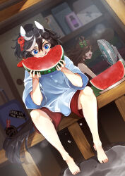  2girls :p absurdres animal_ears architecture black_hair blue_eyes bow brown_hair commentary_request dutch_angle ear_bow ear_covers ear_ornament east_asian_architecture facing_viewer first_aid_kit food foot_dangle fruit green_bow hair_between_eyes highres holding holding_food holding_fruit horse_ears horse_girl horse_tail katsuragi_ace_(umamusume) long_hair looking_at_food mr._c.b._(umamusume) multicolored_hair multiple_girls naegi_happy open_mouth oversized_clothes oversized_shirt plaid_bow plate rock shirt shorts shouji signature sitting sleeveless sliding_doors streaked_hair suitcase summer tail teeth tongue tongue_out umamusume upper_teeth_only v-shaped_eyebrows watermelon watermelon_slice white_shirt white_streaks 