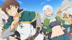  1girl bald belt belt_buckle black_belt black_gloves black_pants black_shirt blue_scarf blue_sky brown_belt brown_hair buckle cape capelet chris_(konosuba) clenched_hand clenched_teeth closed_eyes clouds constricted_pupils crop_top day denim denim_shorts dutch_angle elbow_gloves game_asset gloves gloves_over_elbow_gloves green_cape green_capelet green_eyes grey_hair hand_grab hands_up highres holding holding_sword holding_weapon kono_subarashii_sekai_ni_shukufuku_wo! kono_subarashii_sekai_ni_shukufuku_wo!_kono_yokubukai_game_ni_shinpan_o! looking_at_another midriff multiple_boys navel non-web_source official_art open_mouth outdoors pants running satou_kazuma scar scar_on_cheek scar_on_face scarf self-datamine sheath sheathed shirt short_hair shorts side_ahoge sky smoke standing sword teeth upper_body v-shaped_eyebrows weapon white_shirt 