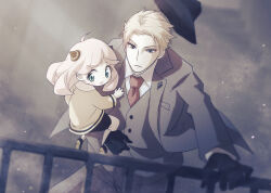  1boy 1girl :o ahoge anya_(spy_x_family) aopix_001 black_gloves black_shorts blonde_hair blue_eyes blurry carrying carrying_person child collared_shirt commentary_request formal_clothes gloves green_eyes grey_pants hairpods hat highres jacket long_hair long_sleeves necktie open_mouth outdoors pants parted_bangs pink_hair railing red_necktie shirt short_hair shorts spy_x_family suit twilight_(spy_x_family) unworn_hat unworn_headwear vest white_shirt 