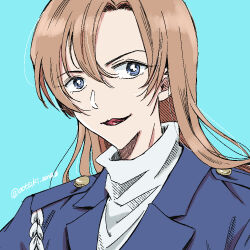  1girl aotsuki_amaz aqua_background artist_name blue_eyes blue_jacket brown_hair close-up closed_mouth commentary_request hagiwara_chihaya hair_between_eyes jacket long_hair meitantei_conan police police_uniform policewoman portrait red_lips shirt simple_background solo turtleneck turtleneck_shirt white_shirt 
