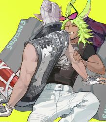  animal_ears bracelet closed_eyes commentary_request dark-skinned_male dark_skin eheeya_(ff14) elezen elf final_fantasy final_fantasy_xiv gloves green_hair grin hand_on_another's_arm highres jewelry looking_at_another male_focus medium_hair muscular muscular_male pants pink-tinted_eyewear pointy_ears ponytail pukeman_500 rabbit_boy rabbit_ears ring shirt simple_background sleeveless smile sunglasses t-shirt the_tyrant_(ff14) tinted_eyewear viera white_pants 