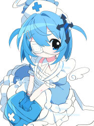  1girl apron bag blue_dress blue_eyes blue_gloves blue_hair blush chest_harness chunshanchuang closed_mouth commission cross cross_hair_ornament detached_wings dot_mouth dress eyepatch first_aid_kit frilled_apron frilled_dress frilled_sleeves frills gloves hair_ornament hairclip halo harness hat highres holding holding_bag latin_cross looking_at_viewer medical_eyepatch mihuashi_commission nurse_cap one_eye_covered original pill_hair_ornament puffy_short_sleeves puffy_sleeves short_hair short_sleeves simple_background solo two_side_up v_arms white_apron white_background white_halo white_wings wings wrist_belt 