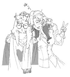  1boy 1girl 1olo235 :d anger_vein animal_ears blush buttons closed_eyes commentary_request deltarune flower flower_on_head flowery_(deltarune) furry furry_male genderswap genderswap_(mtf) glasses goat_boy goat_ears greyscale hand_on_another's_shoulder hand_up heart horns korean_commentary long_hair long_sleeves monochrome open_mouth ralsei round_eyewear scarf shirt short_sleeves skirt smile sweatdrop utdr_(toby_fox) v vest wavy_hair white_background white_fur 