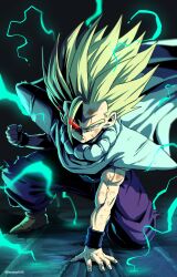  1boy blood blood_on_face bruise dragon_ball dragon_ball_z electricity highres horang4628 injury male_focus solo son_gohan spiky_hair super_saiyan super_saiyan_2 superhero_landing 