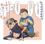  3boys barefoot character_request child commentary_request digimon digimon_frontier goggles goggles_on_head hat kanbara_takuya male_child male_focus minamoto_kouji multiple_boys open_mouth paqaaaa plump restrained simple_background tears teeth tickling translation_request 