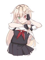  1girl alternate_eye_color black_gloves black_shirt black_skirt blonde_hair blush center-flap_bangs cowboy_shot dated double-parted_bangs fingerless_gloves gloves green_eyes hair_between_eyes hair_flaps hand_up heterochromia highres hikashima_(shiofune) kantai_collection long_hair looking_at_viewer neckerchief ok_sign parted_lips pleated_skirt red_eyes red_neckerchief scarf shirt short_sleeves sidelocks signature simple_background skirt solo very_long_hair white_background white_scarf white_shirt yuudachi_(kancolle) yuudachi_kai_ni_(kancolle) 