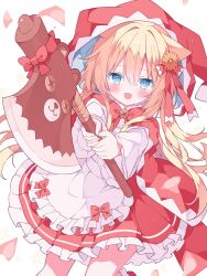 1girl :d animal_ears apron axe blonde_hair blue_eyes blush bow bowtie cat_ears cat_girl commentary_request cowboy_shot double-parted_bangs dress fang frilled_apron frilled_dress frills hair_between_eyes highres holding holding_axe hood hood_up hooded_dress long_hair long_sleeves looking_at_viewer open_mouth original red_bow red_bowtie red_dress simple_background skin_fang smile solo suisei_1121 white_apron white_background wide_sleeves 