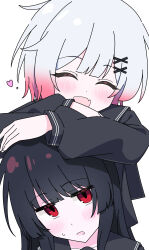  2girls absurdres black_sailor_collar black_serafuku black_shirt commentary_request fang gradient_hair hair_ornament heart highres lee0fld long_sleeves mahou_shoujo_no_majo_saiban multicolored_hair multiple_girls open_mouth pink_hair sailor_collar sakuraba_ema school_uniform serafuku shirt short_hair simple_background skin_fang white_background white_hair x_hair_ornament yuri 