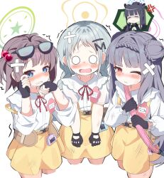  4girls anger_vein animal_ears bag bandaid black_gloves black_hair blue_archive blue_eyes blush braid braided_base brown_hair bun_with_braided_base chibi chibi_inset clenched_teeth closed_eyes closed_mouth collared_shirt commentary_request cropped_legs crossed_bandaids crying crying_with_eyes_open double_bun eyewear_on_head fingerless_gloves fledglings_class_(blue_archive) gloves green_halo grey_hair hair_bobbles hair_bun hair_ornament halo highres kindergarten_uniform letter_hair_ornament long_hair long_sleeves looking_at_viewer multiple_girls nagomi_(blue_archive) name_tag neck_ribbon nose_blush o_o one_eye_closed one_side_up open_mouth peanut_mouth puffy_long_sleeves puffy_sleeves purple_halo red_eyes red_ribbon ribbon shaded_face shirt short_sleeves shoulder_bag shun_(blue_archive) simple_background skirt spoken_character suiko_(blue_archive) sunglasses suspender_skirt suspenders suspenders_slip teardrop tearing_up tears teeth thukimi_usa trembling twin_braids twintails very_long_hair virtual_pet_(toy) wavy_mouth white_background white_shirt yellow_halo yellow_skirt youko_(blue_archive) 