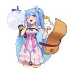  1girl absurdres blue_hair dress duel_monster highres long_hair multicolored_hair one_eye_closed purple_hair scemonkey scroll side_ponytail sleeveless solo streaked_hair stuffed_toy two-tone_hair violet_eyes witchcrafter_haine witchcrafter_madame_verre yu-gi-oh! 