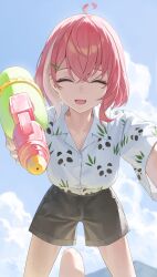  1girl 1other absurdres ahoge alternate_costume animal_print bear_print black_shorts breasts closed_eyes clouds cloudy_sky collared_shirt commentary day fang from_below hair_ornament hairclip highres holding holding_water_gun looking_at_viewer medium_breasts multicolored_hair nijisanji open_mouth out_of_frame panda_print pink_hair pov rissenka sasaki_saku shirt shirt_tucked_in short_hair short_sleeves shorts sky streaked_hair virtual_youtuber water_gun white_shirt white_streaks 