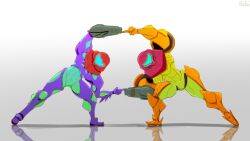  2girls arm_cannon armor commentary_request dual_persona fusion_dance fusion_suit glowing helm helmet metroid metroid_fusion multiple_girls name_connection power_armor power_suit_(metroid) reflection samus_aran simple_background teke varia_suit weapon white_background 