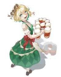  1girl :d apron bare_shoulders barmaid beer_mug blonde_hair bow braid breasts cecilia_immergold cecilia_immergreen colored_inner_hair commentary cup doll_joints dress english_commentary green_dress green_eyes green_hair hair_bow hair_ornament highres holding holding_cup hololive hololive_english invisible_floor joints long_dress looking_at_viewer mug multicolored_hair oktoberfest open_mouth radical_highway red_bow shadow shoes short_hair short_sleeves side_braid simple_background small_breasts smile solo standing star-shaped_pupils star_(symbol) symbol-shaped_pupils turning_head two-tone_hair virtual_youtuber waitress white_apron white_background winding_key 