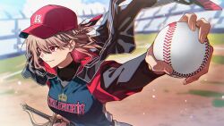  1girl absurdres alternate_costume ball baseball_cap baseball_field baseball_stadium baseball_uniform black_jacket black_undershirt blue_shirt blurry blurry_background braid breasts brown_hair closed_mouth commentary_request day earrings furen_e_lustario hat highres holding holding_ball jacket jacket_on_shoulders jewelry kougi_hiroshi medium_breasts medium_hair nijisanji nijisanji_koshien outdoors red_eyes red_hair red_hat sheath sheathed shirt short_sleeves single_earring smile solo sportswear striped_clothes striped_jacket sword upper_body virtual_youtuber weapon 