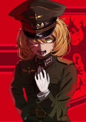  1girl absurdres akaeron blonde_hair commentary flat_chest glint gloves hat highres looking_at_viewer military military_uniform open_mouth short_hair solo tanya_degurechaff teeth untranslatable_commentary white_gloves yellow_eyes youjo_senki 
