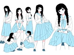  black_hair blue_eyes blue_neckerchief blue_sailor_collar blue_skirt blush braid closed_mouth hair_over_shoulder head_tilt highres loafers long_hair long_skirt long_sleeves looking_at_viewer multiple_girls multiple_views neckerchief original pleated_skirt sailor_collar sanke school_uniform serafuku shirt shoes short_hair short_sleeves simple_background sitting skirt smile socks squatting standing twin_braids twintails white_background white_shirt 