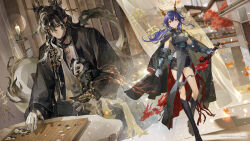  1boy 1girl arknights black_boots black_eyes black_hair black_shorts blue_hair board_game boots candle ch'en_(arknights) ch'en_the_dawnstreak_(arknights) chi_xiao_(arknights) closed_mouth commentary_request copyright_notice detached_sleeves dragon_boy dragon_girl dragon_horns dragon_tail eastern_dragon_horns eastern_dragon_tail fingerless_gloves gloves go_(board_game) hair_between_eyes heterochromia highres holding holding_sword holding_weapon horns long_hair multicolored_hair official_art pointy_ears red_eyes shorts streaked_hair sword tail two-tone_hair very_long_tail wang's_cat_(arknights) wang_(arknights) weapon white_hair white_hands yellow_eyes yin2000 
