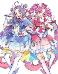  2girls :d ahoge akechi_anna aqua_trim back_bow bare_shoulders blue_bow blue_eyes blunt_bangs blunt_ends blush bow bowtie braid brooch buttons capelet clenched_hand closed_mouth commentary cure_answer cure_mystique curtained_hair double-breasted double_bun dress earrings feet_out_of_frame finger_gun fingerless_gloves fingernails glove_bow gloves gold_trim gradient_hair hair_bow hair_bun hair_flaps hair_intakes hair_ornament hair_ribbon hand_on_own_chin hand_on_own_hip hand_up heart heart_brooch highres impossible_hair index_finger_raised jewelry knee_up kobayashi_mikuru lips locked_arms long_hair looking_at_viewer magical_girl meitantei_precure! multicolored_hair multiple_girls open_mouth pact_holder parted_bangs pink_bow pink_bowtie pink_capelet pink_dress pink_hair pink_nails pleated_dress pouch precure purple_bow purple_bowtie purple_capelet purple_dress purple_hair purple_nails red_bow red_ribbon ribbon side-by-side sidelocks simple_background smile smirk standing takanashi_ringo thick_eyebrows thigh-highs twin_braids two-tone_hair very_long_hair violet_eyes white_background white_gloves white_thighhighs wing_hair_ornament yellow_bow 