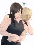  1boy 1girl apron arm_ribbon bare_shoulders black_hair blonde_hair breasts closed_eyes cloud_strife couple crop_top final_fantasy final_fantasy_vii final_fantasy_vii_advent_children hand_on_another&#039;s_head highres hug hug_from_behind jewelry long_hair maiii_(smaii_i) ribbon ring simple_background sleeveless spiky_hair tank_top tifa_lockhart upper_body waist_apron 