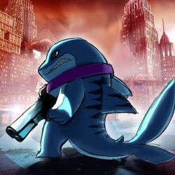  1boy clenched_teeth collar english_commentary fangs fins fish_tail gun handgun highres holding holding_gun holding_weapon jeff_the_land_shark marvel marvel_rivals pocho22059768 shadow_the_hedgehog_(game) shark shark_fin shark_tail sonic_(series) standing tail teeth weapon 