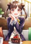  +_+ 1girl blazer blush brown_hair cafe cake cake_slice chocolate_cake coffee_mug cup double_bun drooling food hair_bun highres idolmaster idolmaster_shiny_colors indoors interlocked_fingers jacket lens_flare looking_at_food mouth_drool mug neck_ribbon own_hands_together piroshiki123 ribbon school_uniform solo sonoda_chiyoko sparkle twintails upper_body vest 