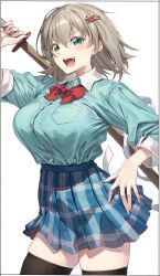  1girl :d arm_up asymmetrical_sleeves binbougami_ga! black_border black_thighhighs blue_shirt blue_skirt border bow breasts brown_hair collared_shirt commentary_request dress_shirt green_eyes hair_between_eyes hair_ornament hairclip highres holding holding_sword holding_weapon kei_(soundcross) large_breasts long_sleeves looking_at_viewer plaid_clothes plaid_skirt pleated_skirt red_bow sakura_ichiko shinai shirt short_sleeves simple_background skindentation skirt smile solo sword thigh-highs v-shaped_eyebrows weapon white_background 