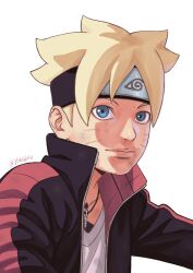  1boy black_headband black_jacket blonde_hair blue_eyes boruto:_naruto_next_generations boruto_(series) chest_tattoo facial_mark forehead_protector headband highres jacket jewelry konohagakure_symbol light_smile lips male_focus naruto_(series) necklace portrait signature solo tattoo uzumaki_boruto whisker_markings yokigeru 