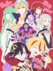  3girls aopix_001 blonde_hair blue_hair bottle braid commentary_request earrings english_text enkidu_(fate) fate/grand_order fate_(series) francesca_prelati_(fate) francois_prelati_(fate) gilgamesh_(caster)_(fate) gilgamesh_(fate) gilles_de_rais_(caster)_(fate) gilles_de_rais_(fate) green_eyes green_hair grey_hair highres hippolyta_(fate) holding holding_bottle jewelry john_lackland_(fate) long_hair multicolored_hair multiple_boys multiple_girls one_eye_closed open_mouth outline penthesilea_(fate) purple_hair red_background red_eyes red_hair richard_i_(fate) short_hair shoulder_tattoo simple_background smile tattoo turban twitter_username upper_body white_outline yellow_eyes 