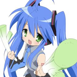  1girl :3 :d ahoge alternate_hairstyle black_skirt black_sleeves blue_hair blue_necktie blush chunshanchuang collared_shirt cosplay detached_sleeves dual_wielding food foreshortening green_eyes grey_shirt hair_between_eyes hatsune_miku hatsune_miku_(cosplay) headset highres holding holding_food holding_spring_onion holding_vegetable izumi_konata long_hair lucky_star mole mole_under_eye necktie number_tattoo open_mouth pleated_skirt shirt shoulder_tattoo sidelocks simple_background skirt sleeveless sleeveless_shirt smile solo spring_onion tattoo tie_clip twintails upper_body vegetable vocaloid white_background 