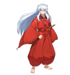  1boy animal_ears barefoot bead_necklace beads closed_mouth dog_boy dog_ears frown full_body hakama inuyasha inuyasha_(character) japanese_clothes jewelry kimono long_hair male_focus necklace official_art onmyoji red_hakama red_kimono solo tessaiga tooth_necklace transparent_background white_hair wide_sleeves yellow_eyes 