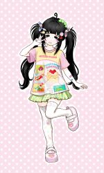 1girl adorable ahoge animal_hair_ornament bandaid bandaid_on_arm black_eyes black_hair blue_bandaid blunt_bangs blush_stickers bug bunny_hair_ornament centipede character_hair_ornament closed_mouth creepycute cute cutecore dumbpwup face_piercing female female_only flat_chest food-themed_hair_ornament food_themed_hair_ornament full_body girl green_skirt hair_ornament heart heisei_retro insect kamio_japan kawaii kawaiicore leg_up lip_piercing lips lipstick long_hair looking_at_viewer mezzo_piano_(brand) mismatched_thighhighs multicolored_shirt musical_note_print narutomaki_hair_ornament one_leg_raised original outline pale_skin parallel_hairclips piercing pink_background pink_bandaid pink_sleeves polka_dot polka_dot_background print_thighhighs pudding_hair_ornament q-lia rabbit_hair_ornament san-x sandals shirousa_(sugarbunnies) shirt short_sleeves single_blush_sticker skirt solo straight-on striped striped_clothes striped_skirt sugarbunnies thigh-highs toyhouse_watermark twintails two-tone_shirt umi_(dumbpwup) v very_long_hair white_outline white_shirt white_thighhighs wholesome yami_kawaii yellow_shirt yume_kawaii zettai_ryouiki